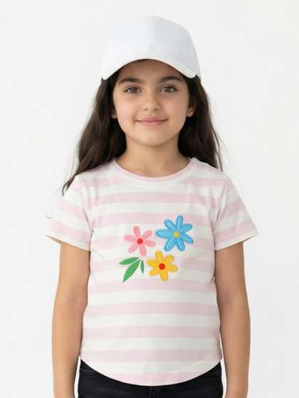 Pranava Pink
                        Horizontal Stripes Round Neck Short Sleeves Top