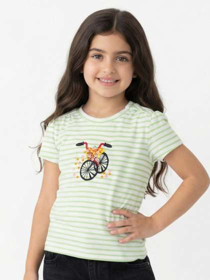 Pranava Green Horizontal
                    Stripes Round Neck Short Sleeves Top