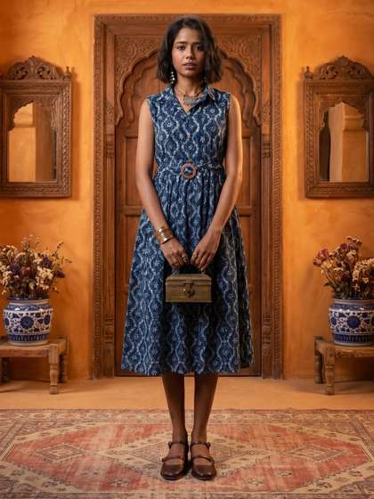 Taavi Hand Block
                        Print Legacy Floral Printed A-Line Ethnic Dress
