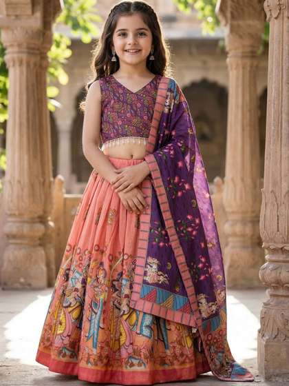 KALINI Girls Printed
                    Thread Work Kalamkari Semi-Stitched Lehenga &
                    Blouse With Dupatta