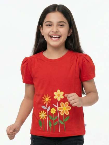 Pranava Red Floral Round
                    Neck Short Sleeves Top
