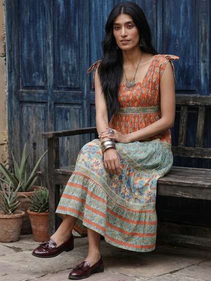 Taavi Floral Printed
                        Square Neck A-Line Sanganeri Pure Cotton Ethnic
                        Dress