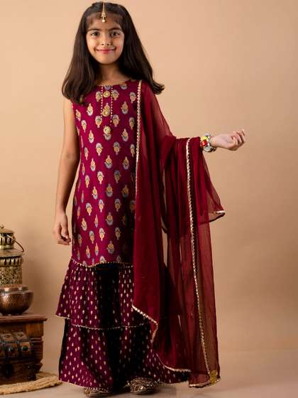 Sangria Girls Printed
                    Viscose Rayon Round Neck Kurta & Sharara With
                    Dupatta