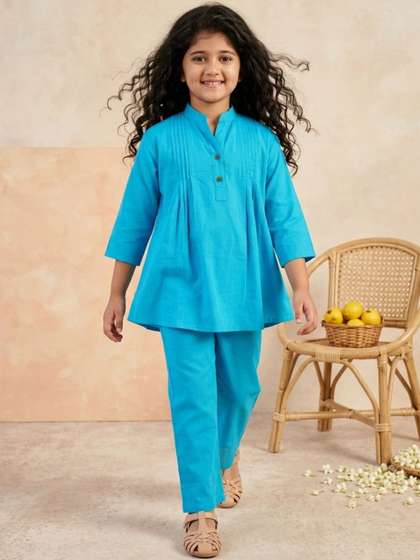 Aj DEZInES Girls
                      Mandarin Collar Pure Cotton Top With Trousers