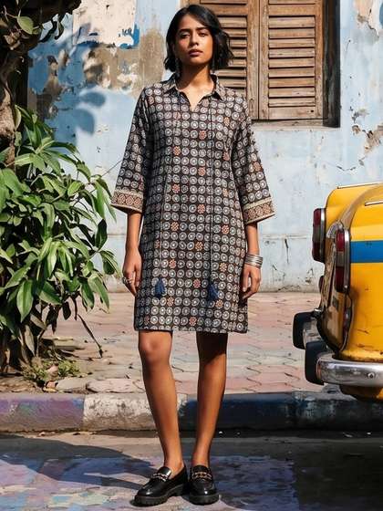 Taavi Floral &
                        Geometric Printed Pure Cotton Sanganeri Ethnic
                        Dress