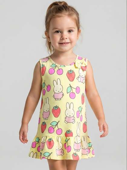 Sangria Girls Yellow
                    Cartoon Printed Round Neck Fit & Flare Above
                    Knee Length Mini Dress