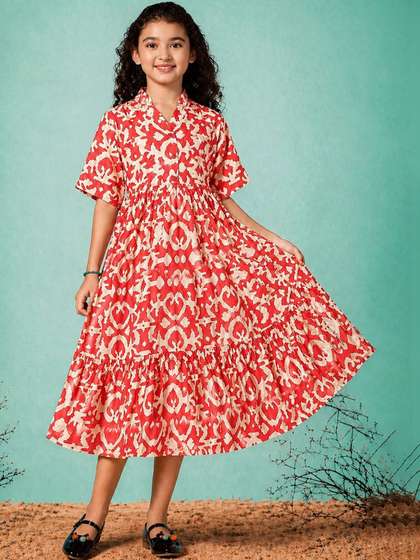 FASHION DREAM Girls Red
                    Rayon Floral Print Fit & Flare Midi Dress