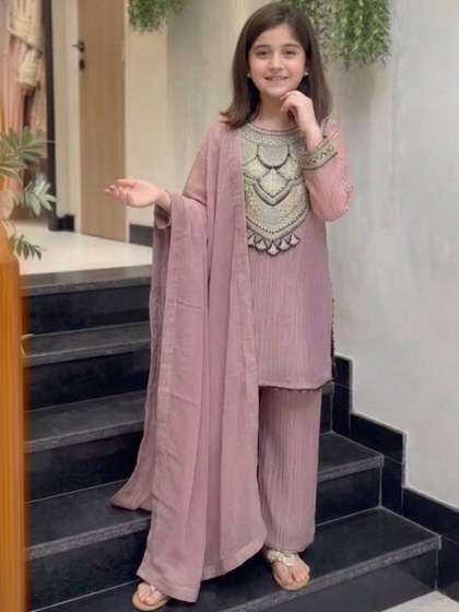 KALINI Girls Ethnic
                    Motifs Embroidered Regular Thread Work Kurta with
                    Palazzos & With Dupatta