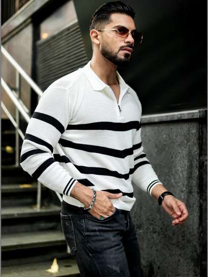 GRITSTONES Men
                        Striped Henley Neck Long Sleeves Cotton
                        Pullover