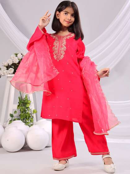 Sangria Girls
                    Embroidered Pure Silk Round Neck Kurta &
                    Palazzos With Dupatta