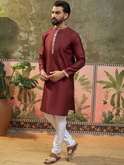 Sangria Woven Design
                        Mandarin Collar Straight Kurta