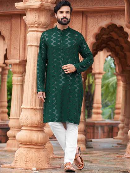 House of Pataudi Men
                        Geometric Embellished Sequinned Kurta