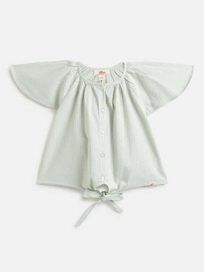 Peach Girls Pure Cotton
                    Seer Sucker Half Sleeve Tie Up Top