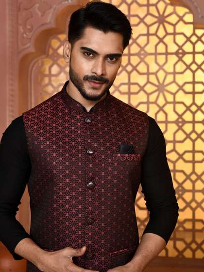 WANAS Woven Design
                          Mandarin Collar Nehru Jackets