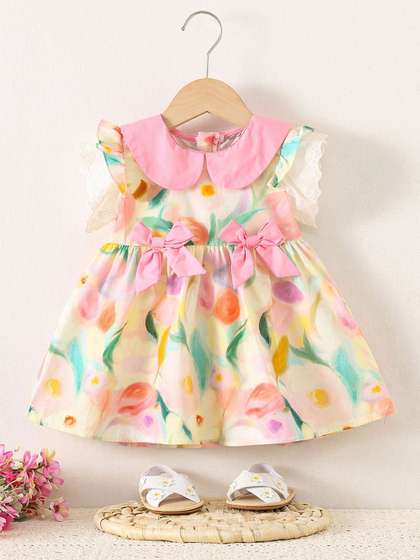 INCLUD Girls Floral
                      Print Peter Pan Collar Flutter Sleeve Cotton Fit
                      & Flare Dress