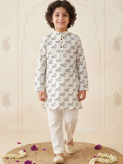Aj DEZInES Boys White
                    Cotton Full sleeves Ganesha Printed Kurta Pyjama
                    Set