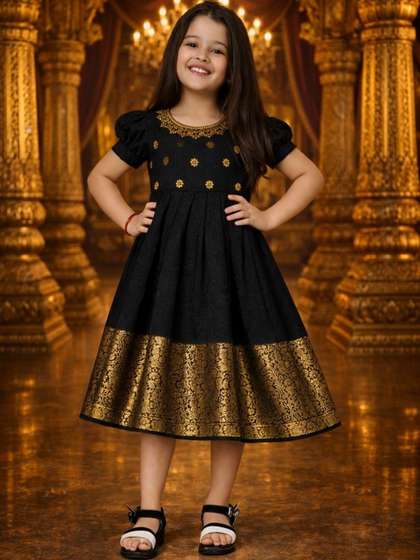 Ethzy Girls Ethnic
                    Motifs Embroidered Puff Sleeve Fit & Flare
                    Dress