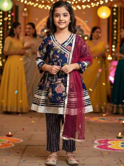 Rangi Saga Girls Floral
                    Printed Angrakha Pure Cotton Kurti with Trousers
                    & With Dupatta