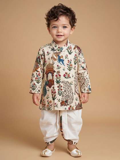 Ethniks Neu-Ron Boys
                      Ethnic Motifs Printed Regular Pure Cotton Kurta
                      with Dhoti Pants