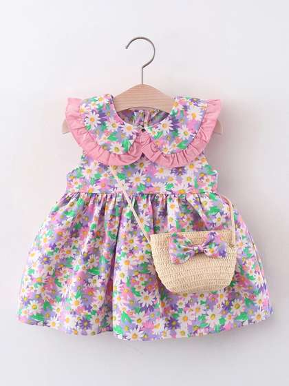 INCLUD Girls Floral
                    Print Peter Pan Collar Ruffled Cotton Fit &
                    Flare Dress