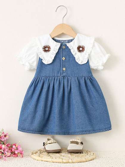 INCLUD Peter Pan Collar
                    Puff Sleeve Applique Denim Short Dress