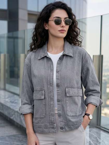 Urbano Fashion Women
                        Ice Grey Relaxed Fit Full Sleeve Utility Denim
                        Jacket