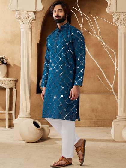 House of Pataudi
                          Embellished Cotton Mandarin Collar Calf Length
                          Straight Kurta
