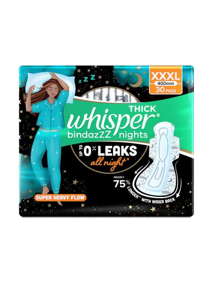 Whisper Bindazzz
                        Nights Sanitary Pads with 0% Leaks All Night
                        Long - 30 XXXL Pads