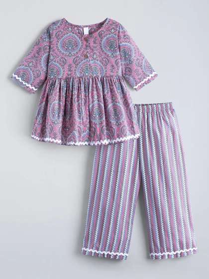 Hopscotch Girls Ethnic
                    Motifs Printed Pleated Pure Cotton Kurti with
                    Pyjamas