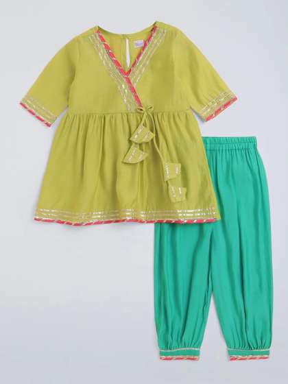 Hopscotch Girls Ethnic
                    Motifs Angrakha Gotta Patti Kurti with Dhoti Pants