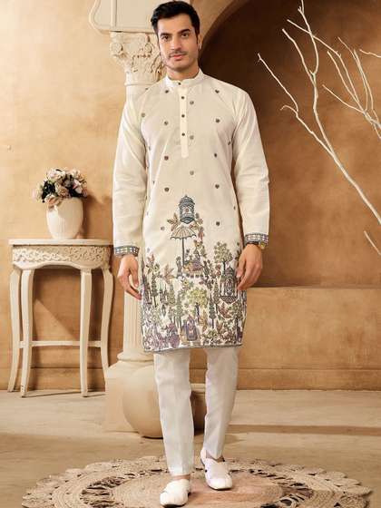 House of Pataudi
                        Embroidered Cotton Mandarin Collar Knee Length
                        Straight Kurtas