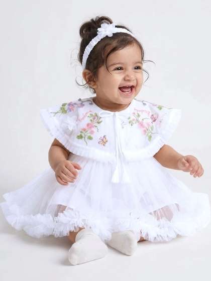 Hopscotch Floral
                    Embroidered Cape Sleeve Ruffled Dress