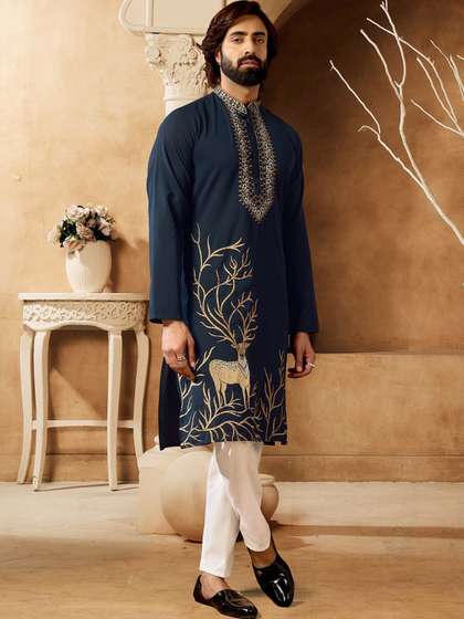 House of Pataudi
                        Mandarin Collar Embroidered Cotton Blend Round
                        Neck Kurta & Trousers