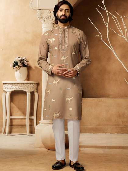 House of Pataudi
                        Embroidered Cotton Mandarin Collar Knee Length
                        Straight Kurtas