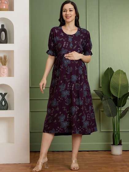 NIGHTSPREE Floral
                          Print Puff Sleeve Maternity A-Line Midi Dress