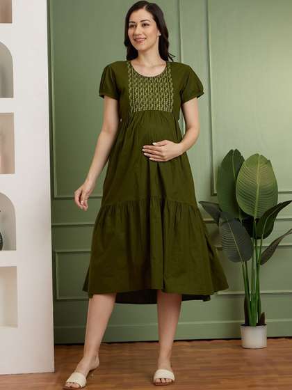 NIGHTSPREE Floral
                        Embroidered Puff Sleeve Maternity A-Line Midi
                        Dress