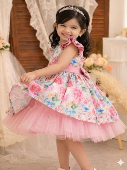 MitEthnic Girls Floral
                    Print Puff Sleeve Satin Fit & Flare Dress