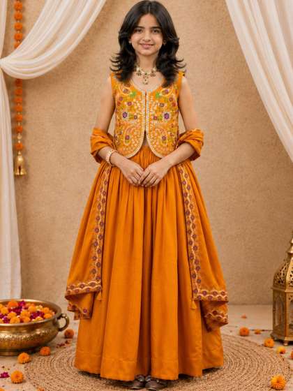 Sangria Embroidered
                    Satin V-Neck Flared Lehenga Choli