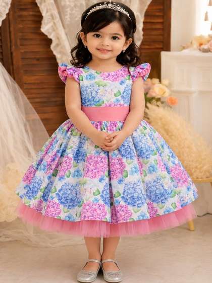 MitEthnic Girls Floral
                      Print Puff Sleeve Satin Fit & Flare Dress