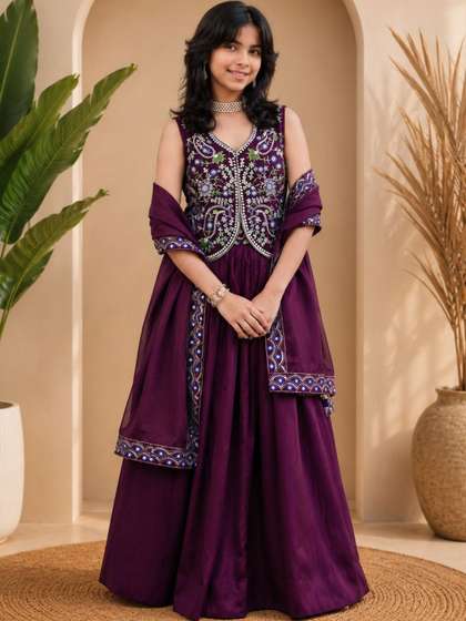 Sangria Embroidered
                    Satin V-Neck Flared Lehenga Choli