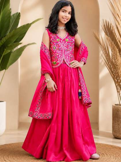 Sangria Embroidered
                      Satin V-Neck Flared Lehenga Choli