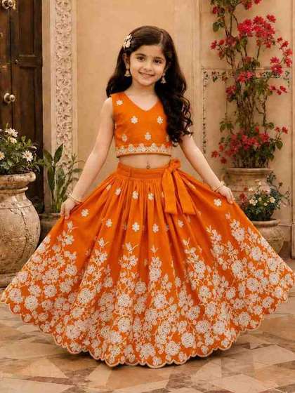 KALINI Girls Embroidered
                    Thread Work Ready to Wear Lehenga &