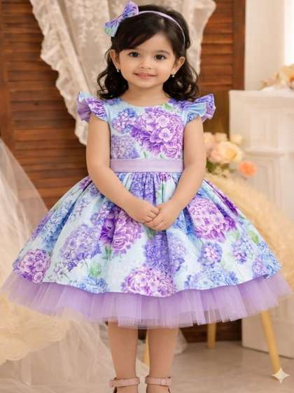 MitEthnic Girls Floral
                    Print Puff Sleeve Satin Fit & Flare Dress