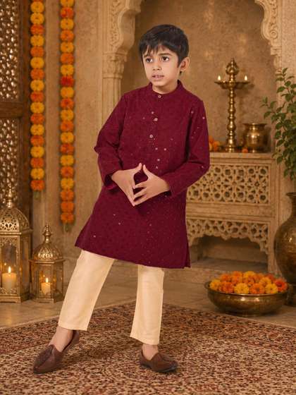 VIKRI By Khushboo Parekh
                    Boys Ethnic Motifs Embroidered Regular Sequinned
                    Pure Cotton Kurta with Pyjamas