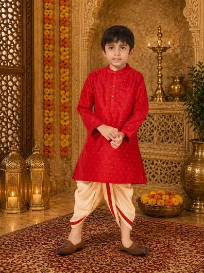 VIKRI By Khushboo Parekh
                    Boys Ethnic Motifs Printed Regular Pure Cotton Kurta
                    with Dhoti Pants