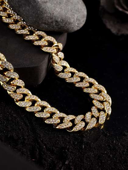 Jewelor Men Diamond
                    Cuban Stainless Steel Gold Plated Chain