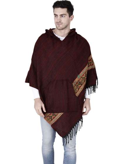 ARUNA KULLU HANDLOOM
                      Men Printed Hood Pure Wool Poncho Sweaters