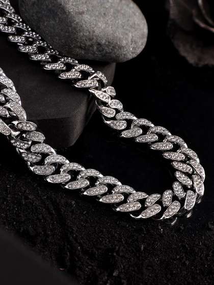 Jewelor Men Diamond
                    Cuban Stainless Steel Silver Plated Chain