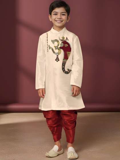 KALINI Boys Ethnic
                    Motifs Embroidered Thread Work Dupion Silk Kurta
                    with Dhoti Pants