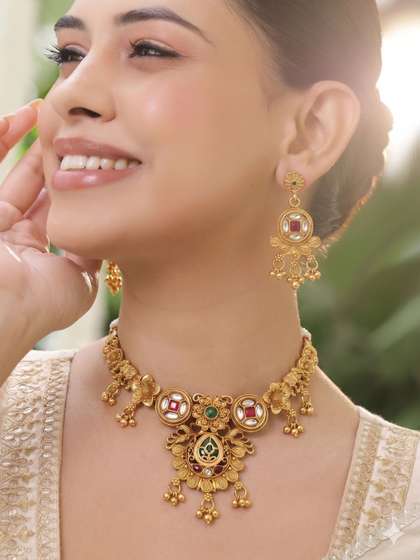 TKRB SALES Gold-Plated Stone Studded & Beaded Jewellery Set